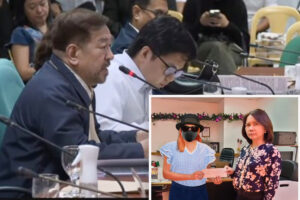 PCSO VIRAL PHOTO. Philippine Charity Sweepstakes Office General Manager Mel Robles (left) admitted during a Senate hearing of the subcommittee of Ways and Means on Thursday (Jan. 18, 2024) that the viral photo posted on the PCSO social media of a bettor claiming her prize of PHP43 million from 6/42 draw was indeed edited. Senator Raffy Tulfo seeks to prohibit the online placing of bets for lotto games and instant paper games including digit games, and Small Town Lottery. (Screenshot from Senate Youtube channel) q