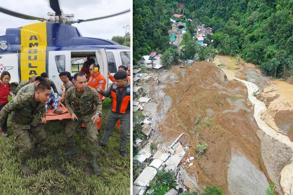 RESCUE OPS. Soldiers from the Eastern Mindanao Command rescue landslide victims in the Davao de Oro town of Maco on Wednesday (Feb. 7, 2024). Eastmincom reported that out of the 86 employees of the Apex Mining Co. initially reported trapped, 45 have been rescued and 41 are still missing. (Photo from Eastmincom)