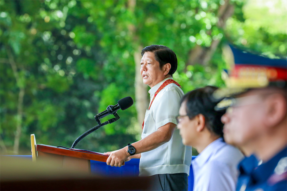 Pres. Ferdinand Marcos Jr. (left) gives his speech during the Graduation Ceremony of the Bangsamoro Police Basic Recruit Course Batch 2023-01 Classes Alpha-Bravo “BAKAS-LIPI” at Camp BGen. Salipada K. Pendatun, in Parang, Maguindanao del Norte on Monday, April 29. (Supplied photo)