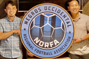NEW LOGO. Newly elected Negros Occidental Region Football Association (NORFA) President Miggy Valmayor (right) with NORFA General Secretary Agustine Rey Rivas. (Contributed photo)