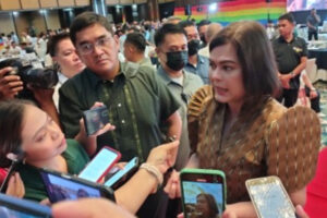 SPECIAL VISIT. Vice President Sara Duterte (right) talks to the media in Cagayan de Oro City on Tuesday (June 25, 2024). Duterte's office distributed PHP300,000 worth of grants to lesbian, gay, bisexual, transgender and queer plus community members in order to improve their entrepreneurial ventures. (PNA photo by Ercel Maandig)
